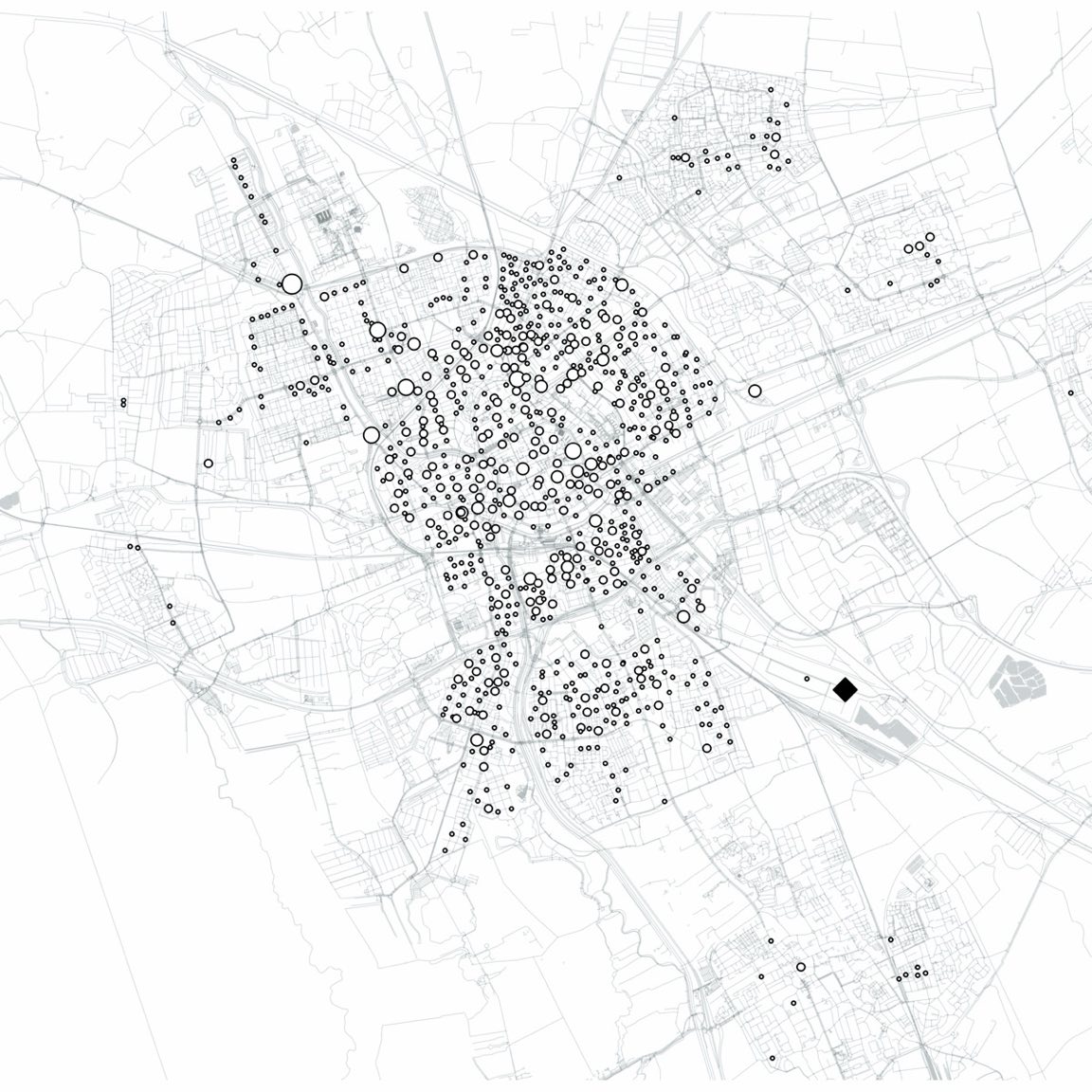 Map of Groningen showing the container clusters and the depot